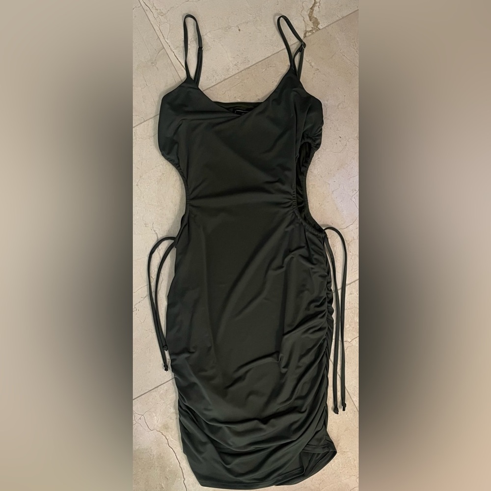 VNTG Olive Miniskirt Dress With Cutout Sides & Ruched Skirt